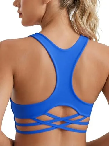 aoysky womens racerback criss cross sports bras v neck padded low impact wireless workout athletic yoga crop tops blue