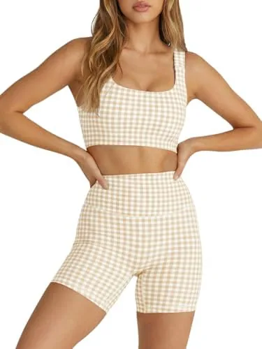 aoysky womens workout gingham 2 piece outfits padded open back crop tank high waist sports shorts sets casual yoga matching sets